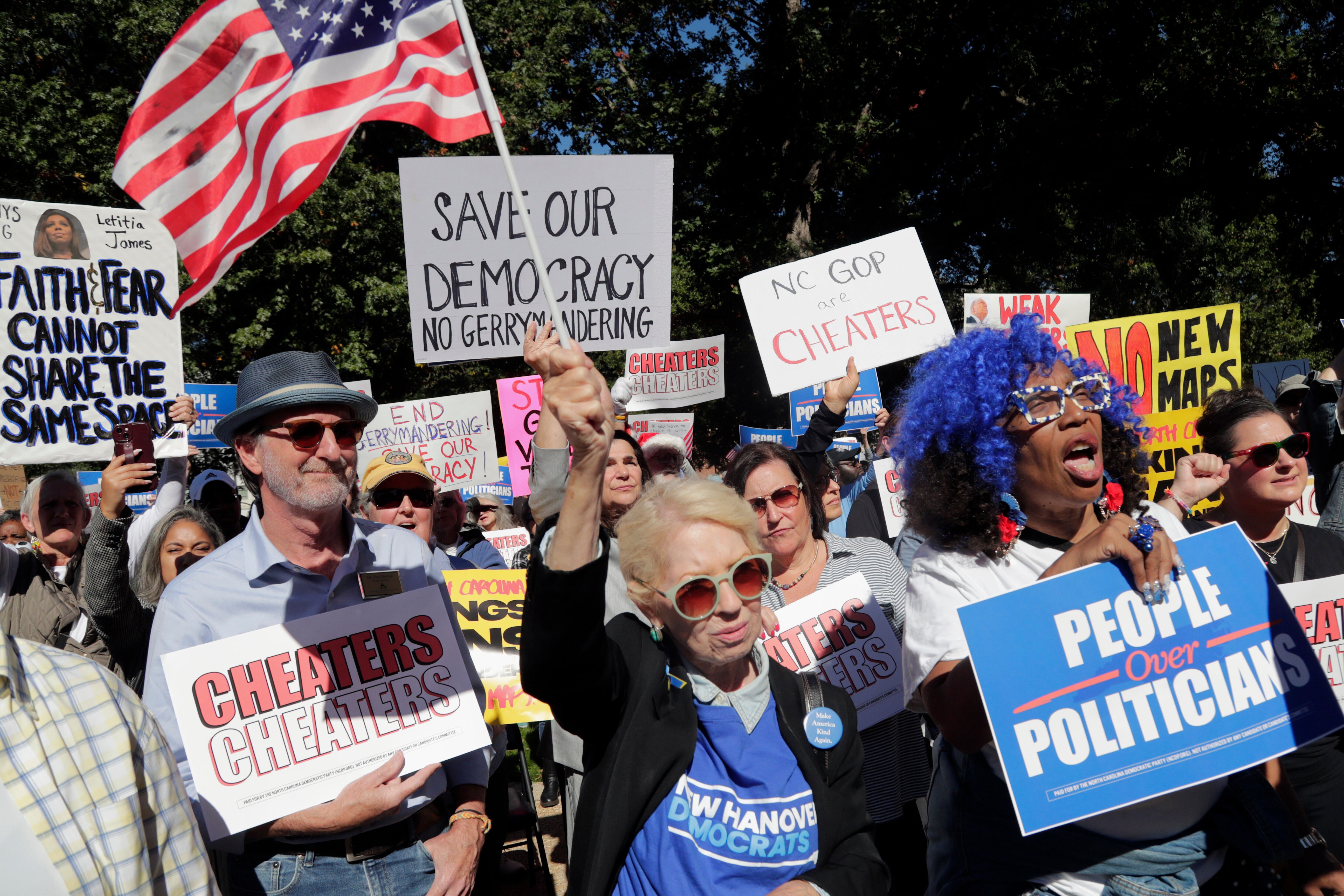 Attendees cheer during a rally protesting a proposed redistricting map Tuesday in Raleigh, N.C.